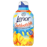 Lenor - Outdoorable Fabric Conditioner Summer Breeze offers 55 washes with "fresh as if dried outside" scent; the label features yellow flowers for a summery look.